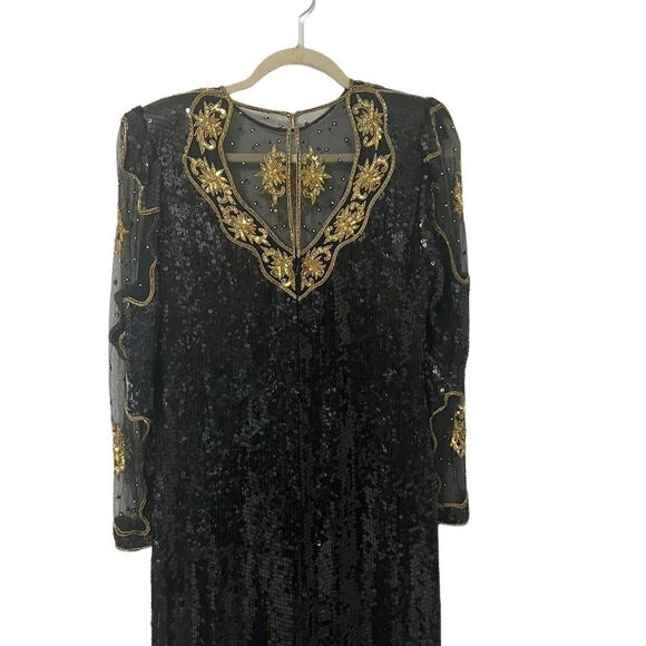 Judith Ann Creations Black & Gold 100% Silk Sequins Beaded Long Sleeve Gown Sz S - Picture 5 of 14